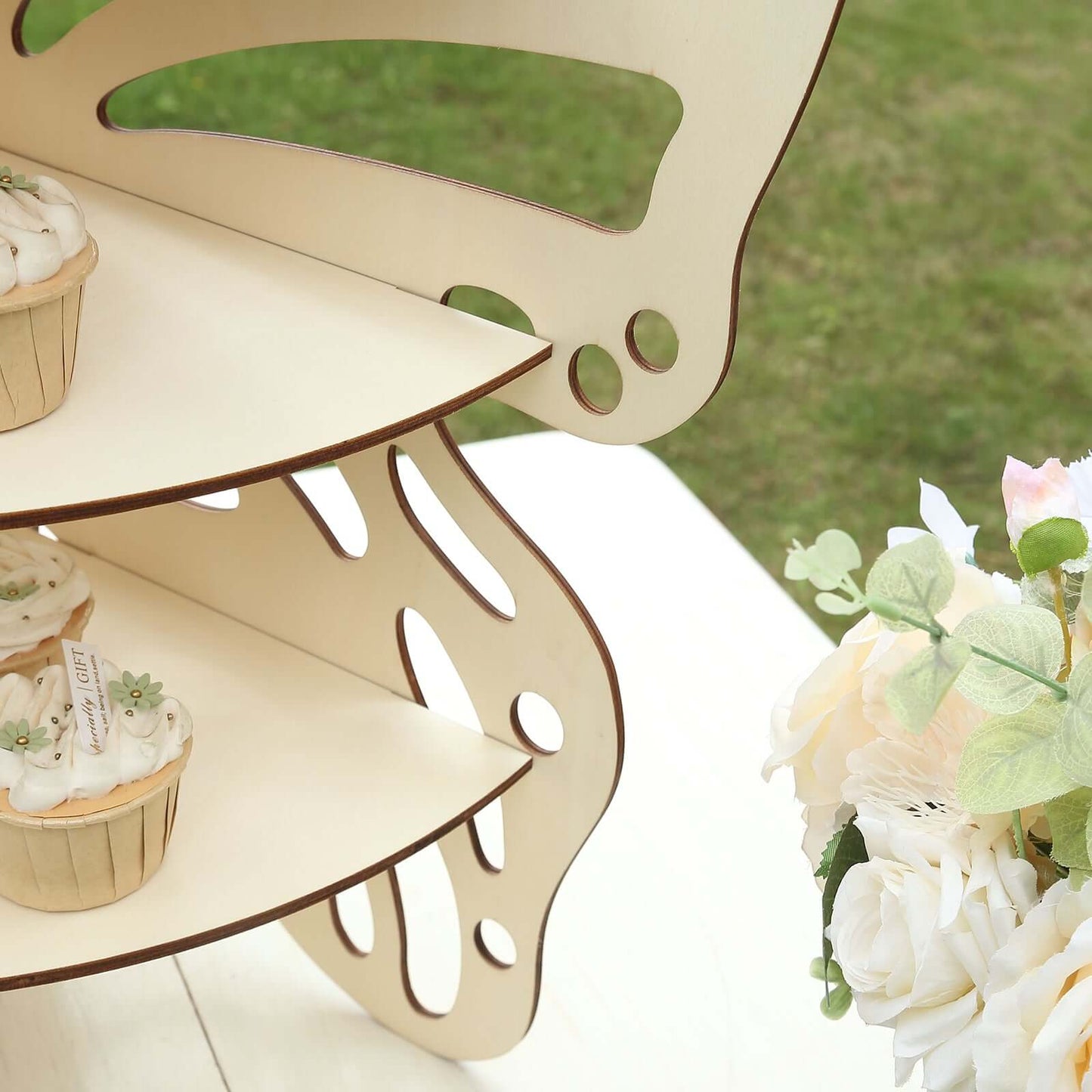 3-Tier Wooden Cupcake Stand Butterfly Design Natural - Rustic Dessert Display Shelf Rack 24"
