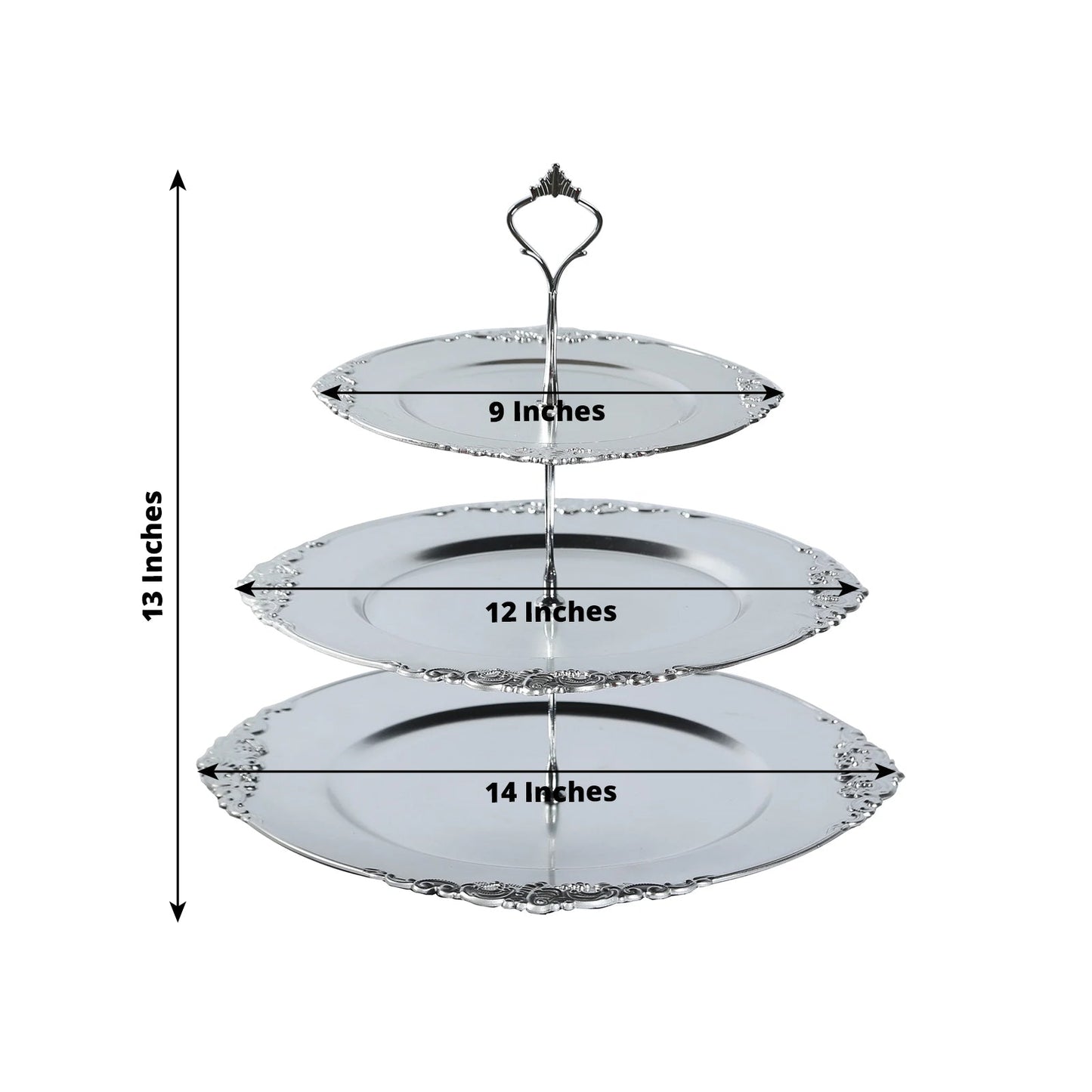 3-Tier Plastic Round Cupcake Stand Metallic Silver with Baroque Rim & Top Handle 13"