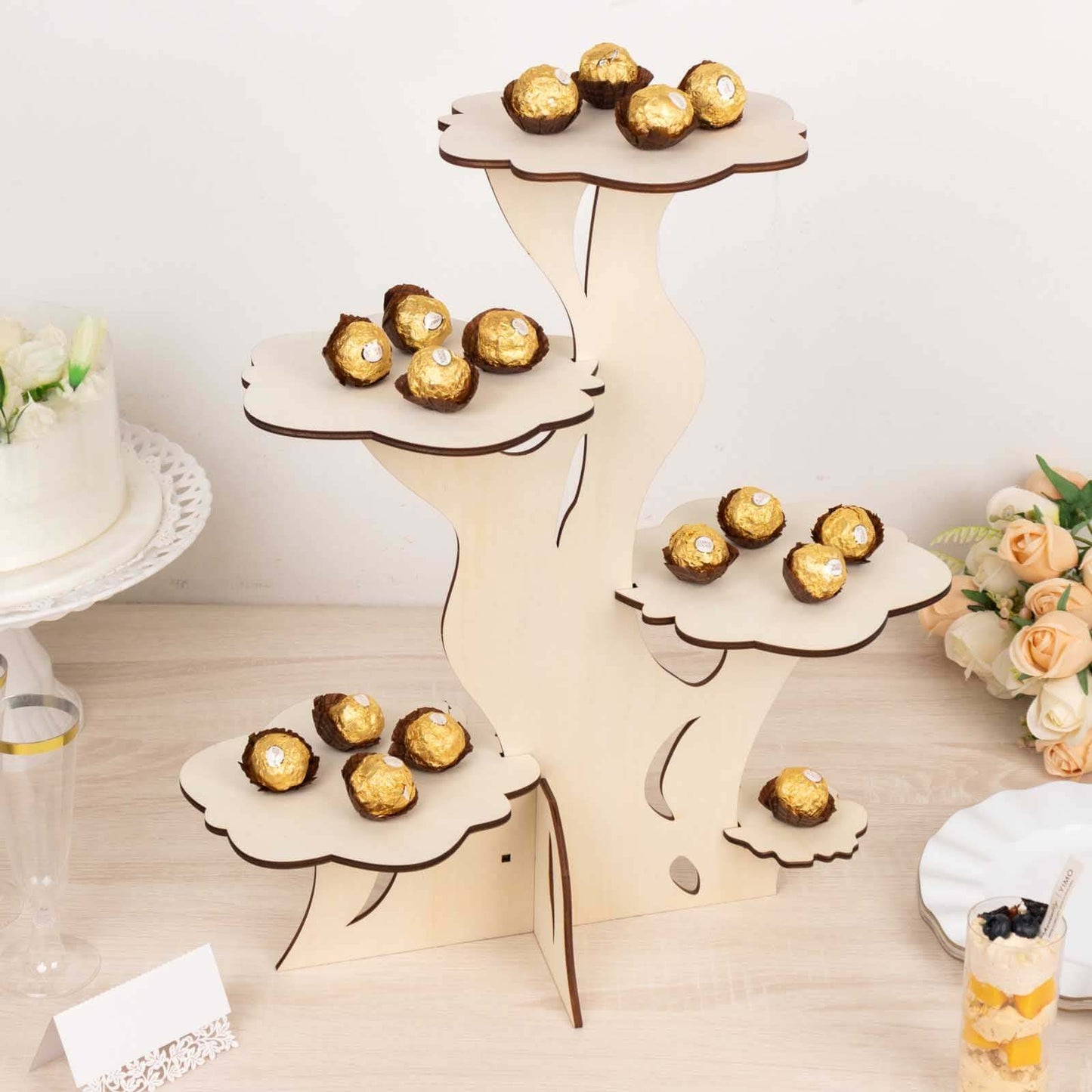 5-Tier Wooden Cake Stand Natural Tree Tower Design with Laser Cut Details - Rustic Cupcake Dessert Display 19" Tall