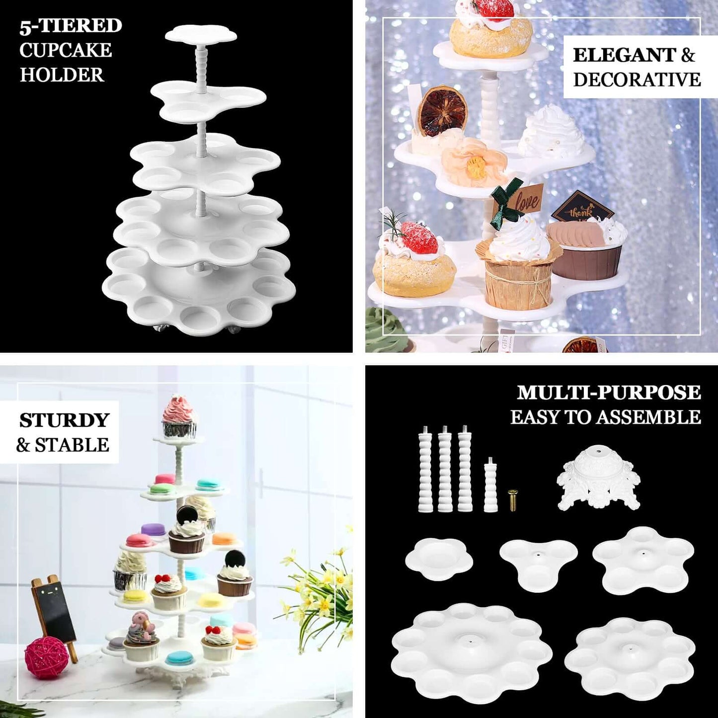 5-Tier Plastic Cupcake Holder Stand White - Dessert Tower with Scalloped Edge Design Versatile Display for Sweet Treats 18"