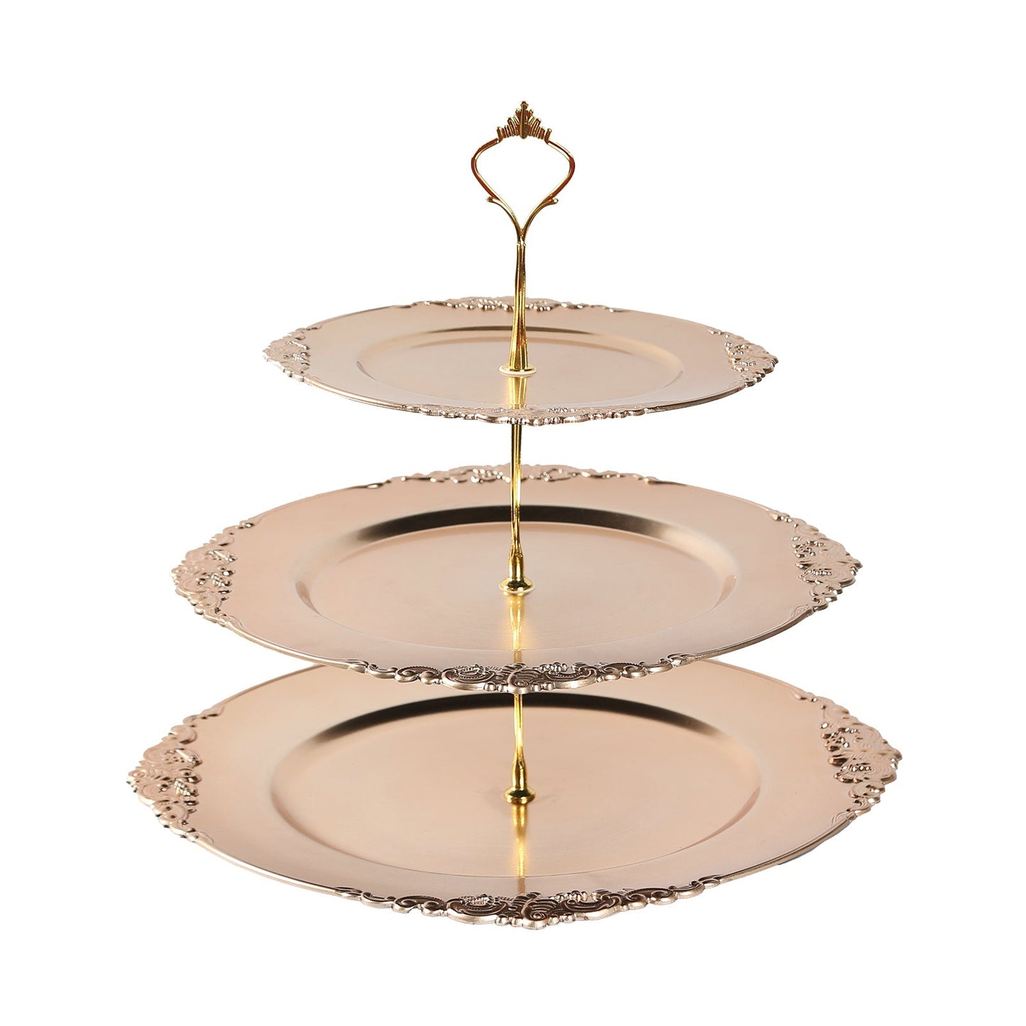 3-Tier Plastic Round Cupcake Stand Metallic Gold - Vintage-Inspired Reusable Dessert Display Holder Tea Party Serving Tray Platter with Baroque Rim & Top Handle 13"