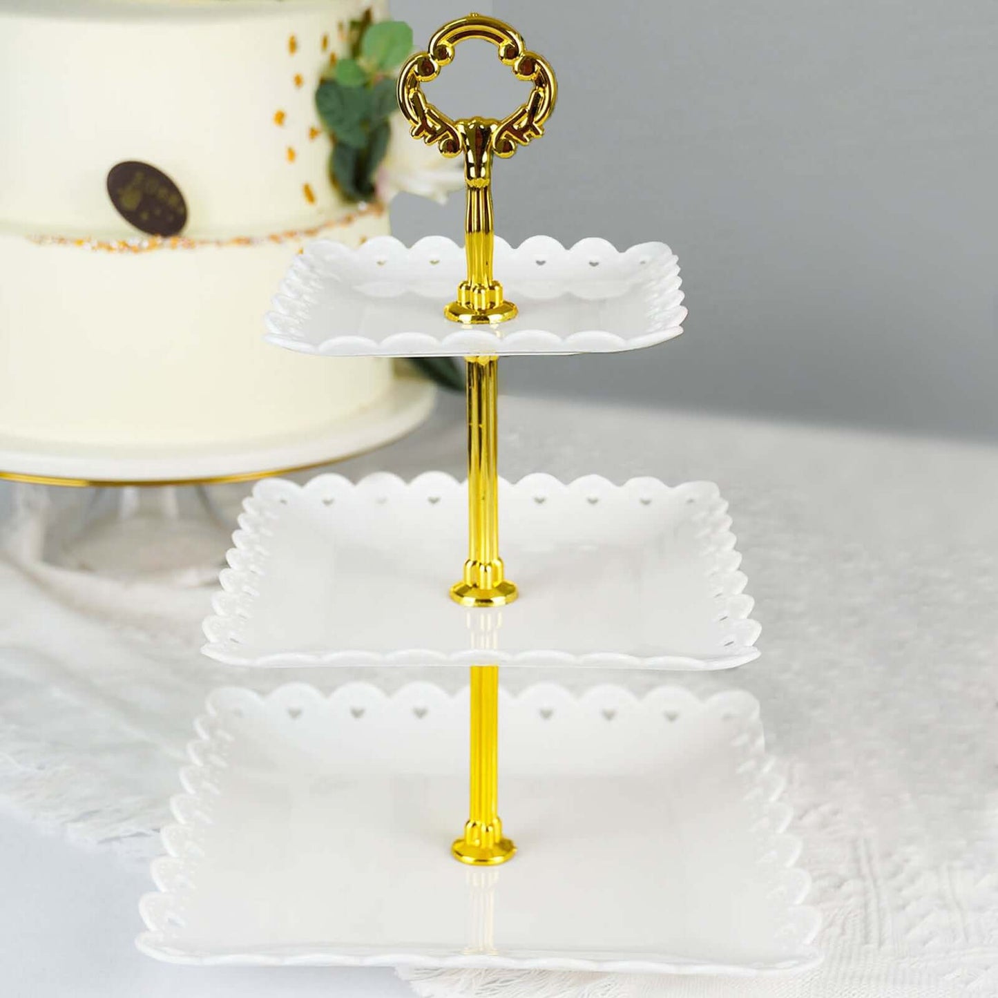 3-Tier Plastic Square Cupcake Stand Tower White - Charming Disposable Dessert Display Serving Tray Platter with Heart Wavy Edge & Gold Top Handle for Tea Parties Weddings & Special Occasions 13"