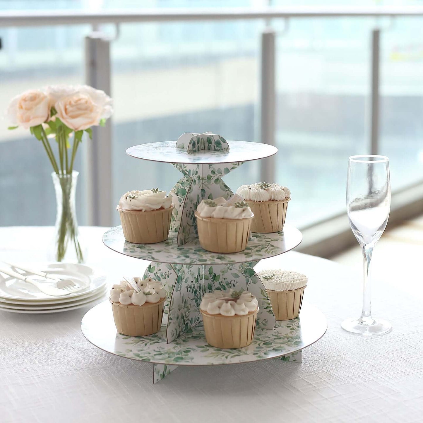 3-Tier Cardboard Cupcake Stand White with Green Eucalyptus Leaves Pattern - Reusable Dessert Display Stand Round Serving Platter for High-Tea Gatherings Weddings & Spring Celebrations 11"