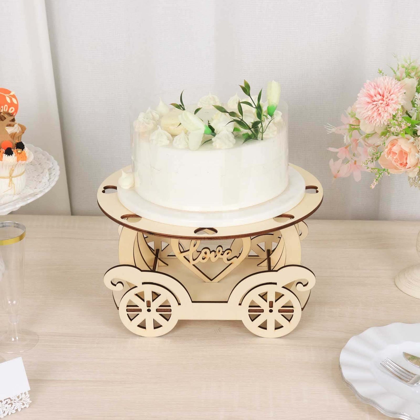 Wooden Wedding Cake Stand Carriage Shape Natural with Laser Cut Design - Round Cupcake Holder Display Plate 12"