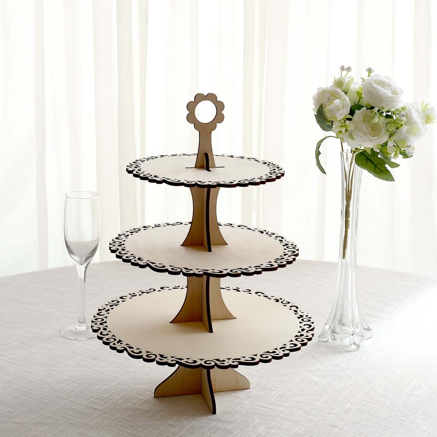 3-Tier Wooden Cupcake Stand Floral Edge Design Natural - Rustic Round Dessert Display Table Centerpiece 16"