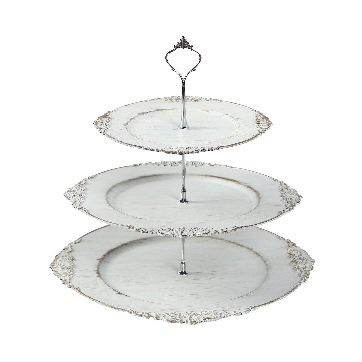 3-Tier Plastic Round Cupcake Stand Whitewashed with Antique Gold Baroque Rim & Top Handle 13"