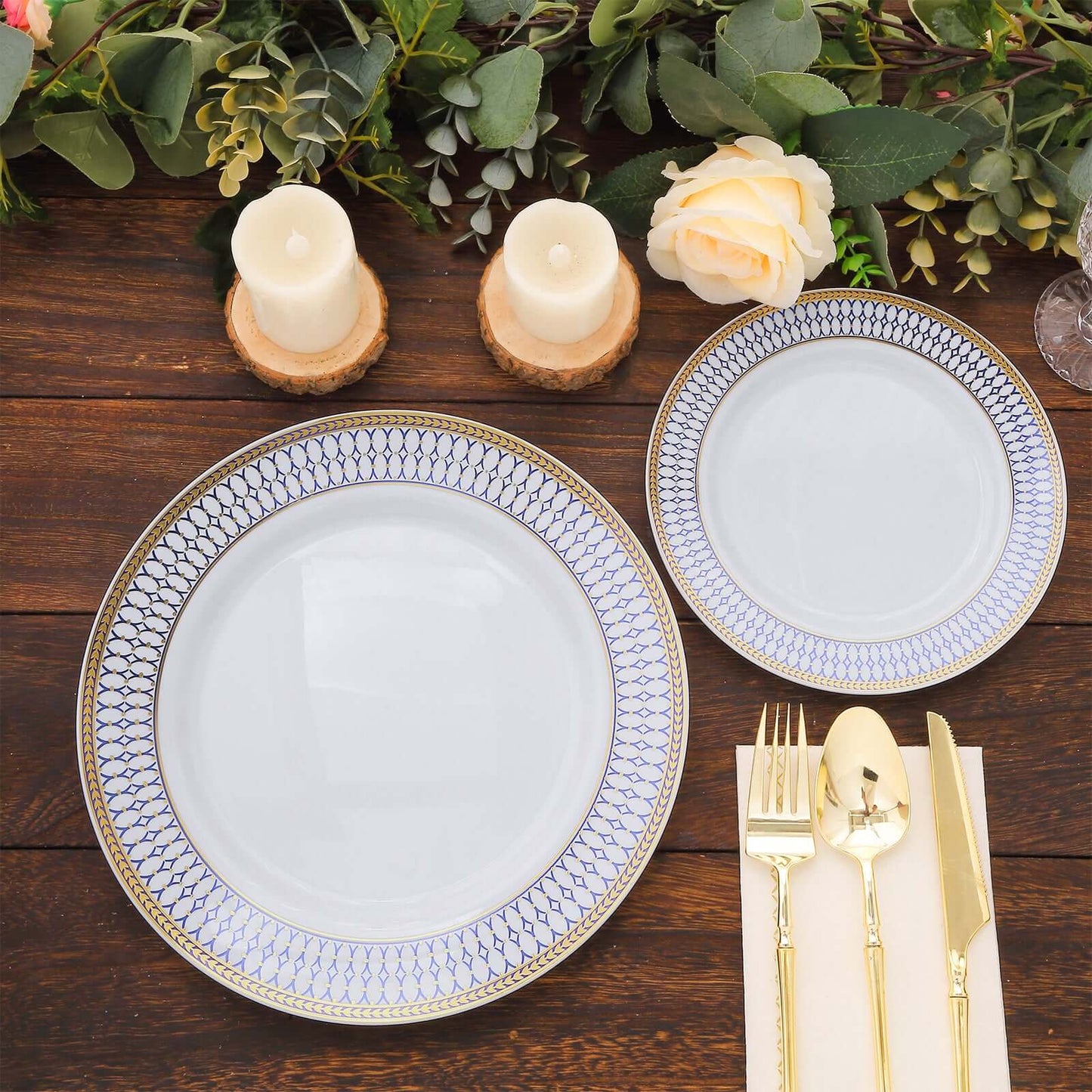10-Pack Plastic 7" Round Dessert Plates in White with Gold Navy Blue Chord Rim - Renaissance Style Disposable Salad Appetizer Plates for Events & Banquets
