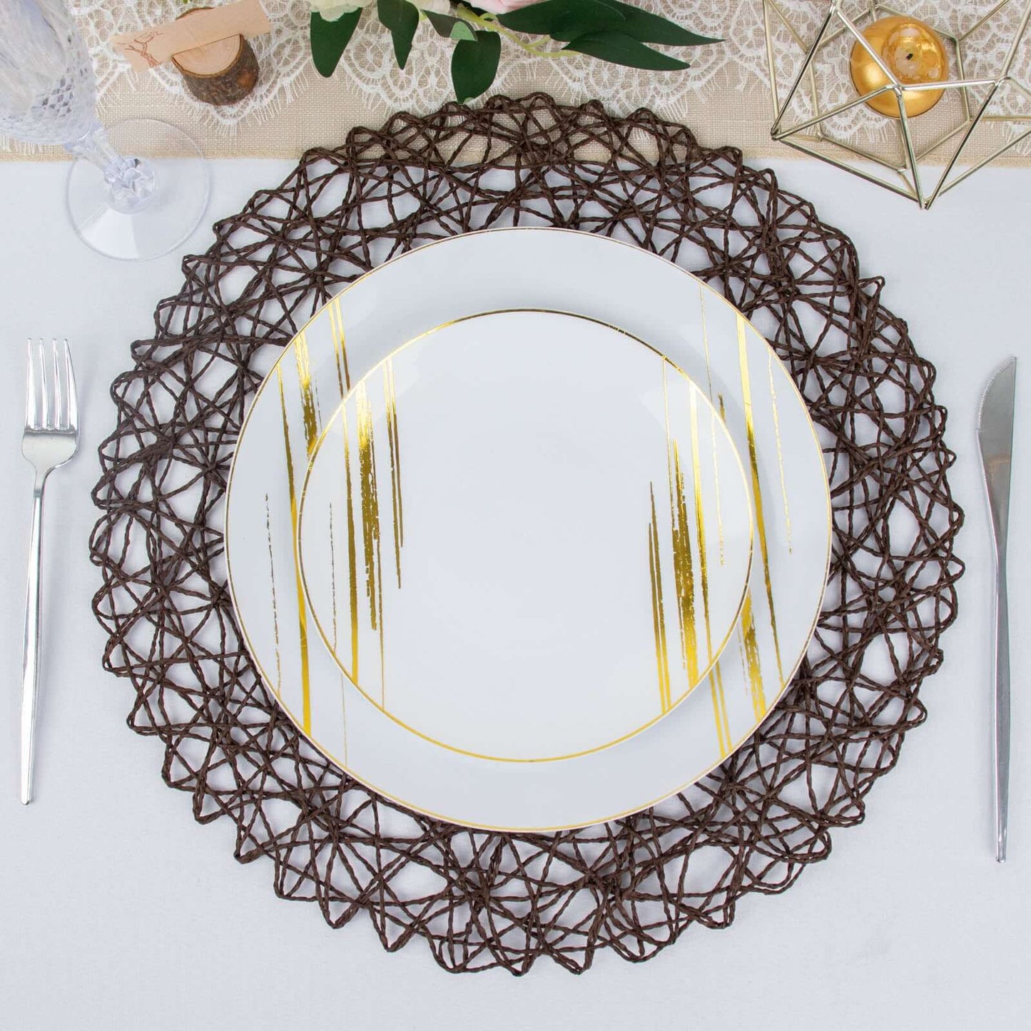 6-Pack Table Placemats Woven Fiber Design Dark Brown Round - Disposable Mats for Dining and Events 15"