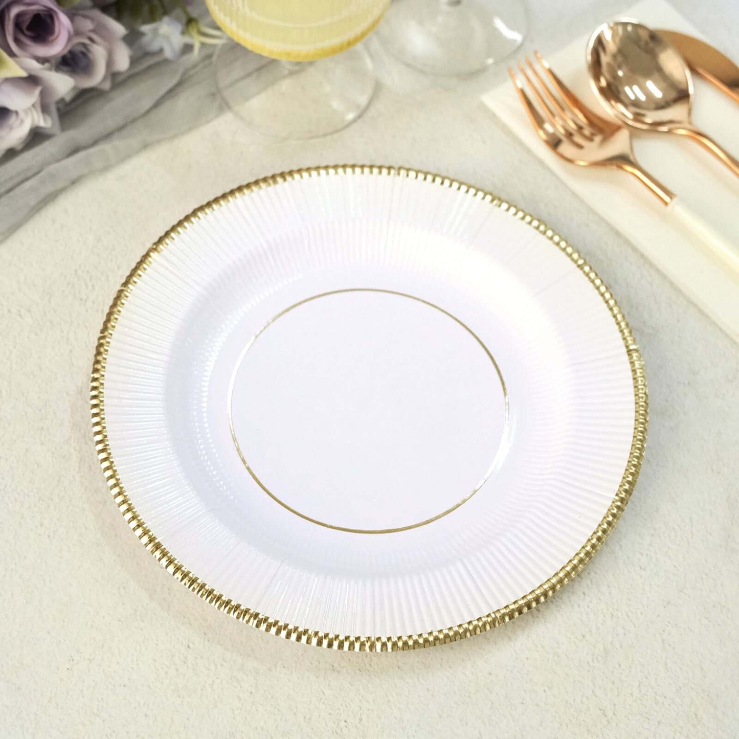25-Pack Paper 8" Round Dessert Plates in White Sunray Design with Gold Rim - Disposable Heavy Duty 350GSM Appetizer Salad Plates for Banquets & Celebrations