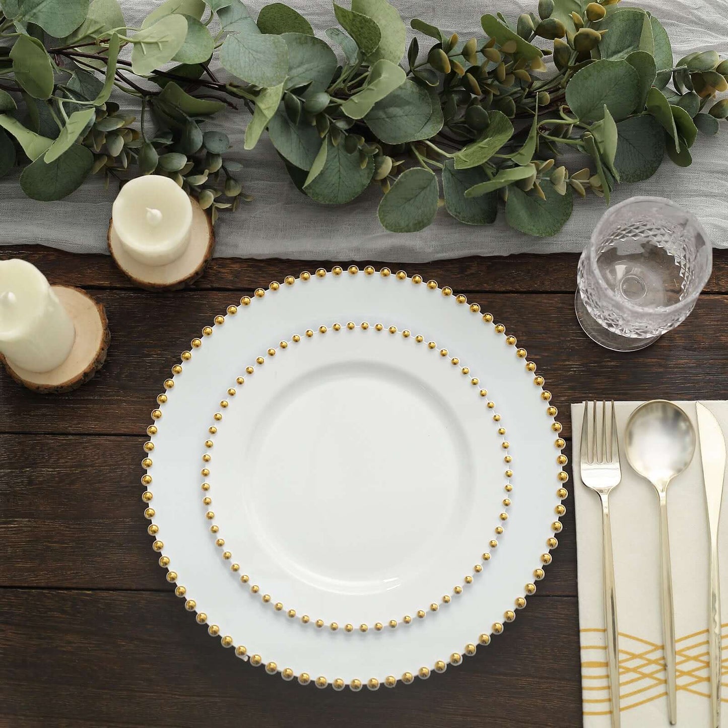 10-Pack White Plastic Dessert Plates â€“ 8" Round with Gold Beaded Rim, Disposable for Parties & Events