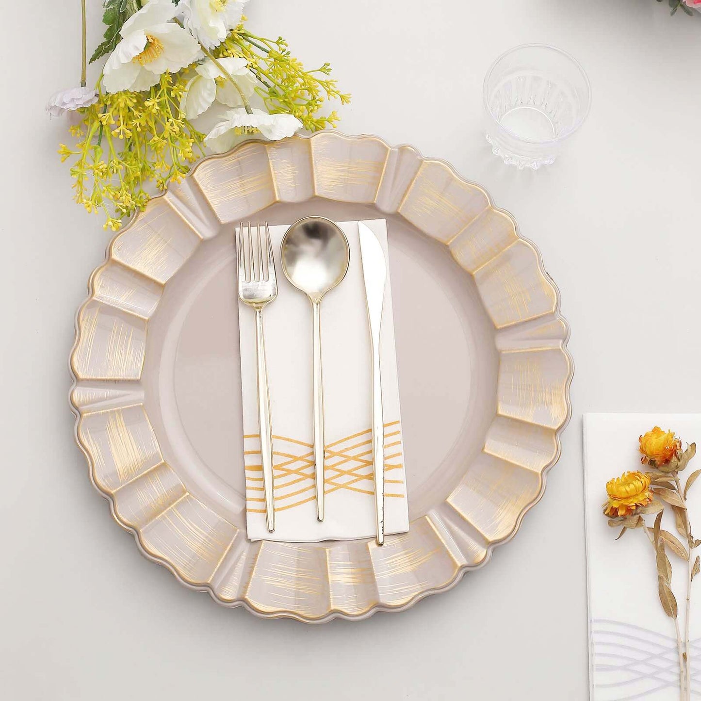 6-Pack Acrylic Plastic Round Charger Plates 13" in Nude Taupe with Gold Brushed Wavy Scalloped Rim, Decorative Dinner Party Charger Tableware