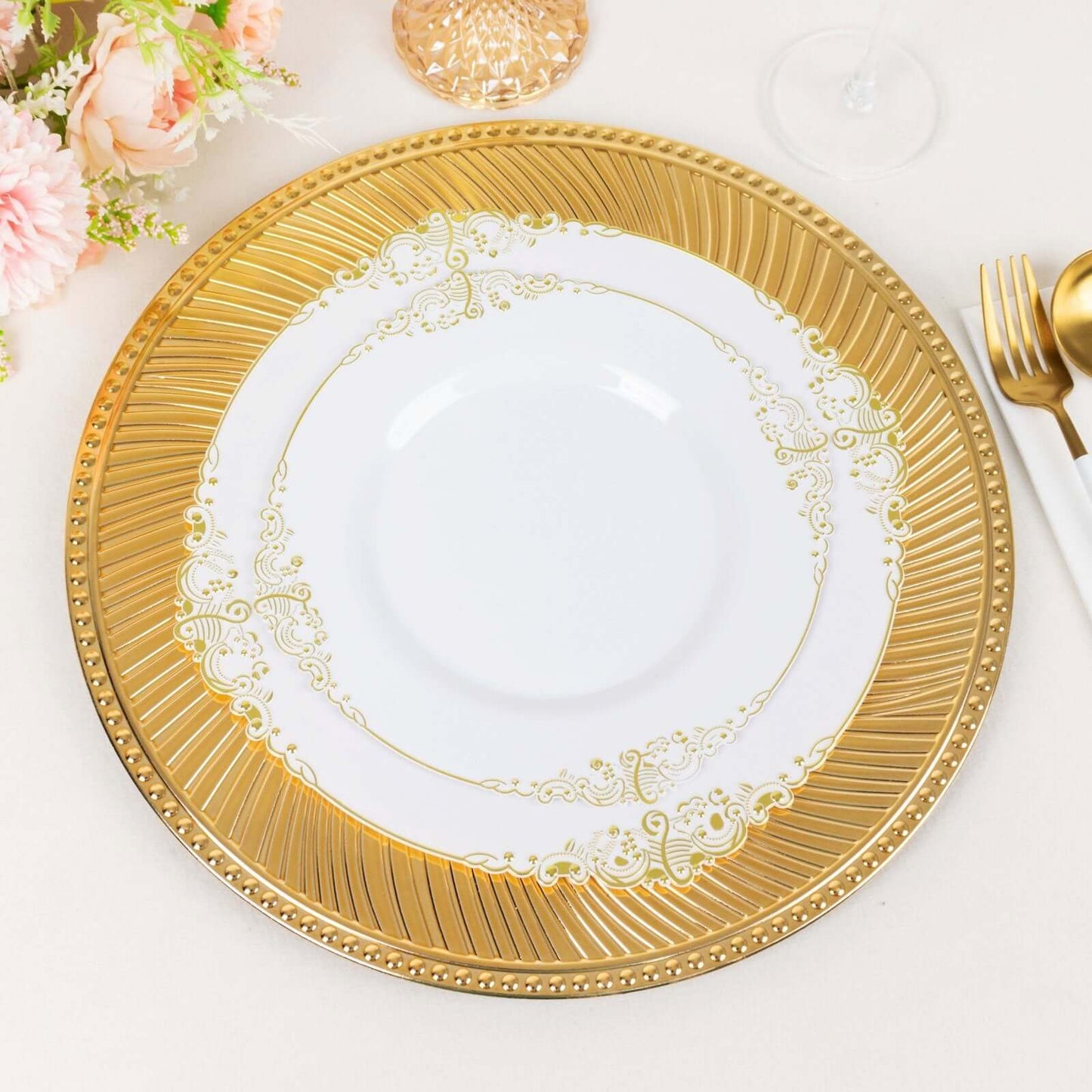 6-Pack Acrylic Round Charger Plates 13" in Metallic Gold Swirl Pattern with Beaded Rim, Plastic Decorative Dinner Party Charger Tableware
