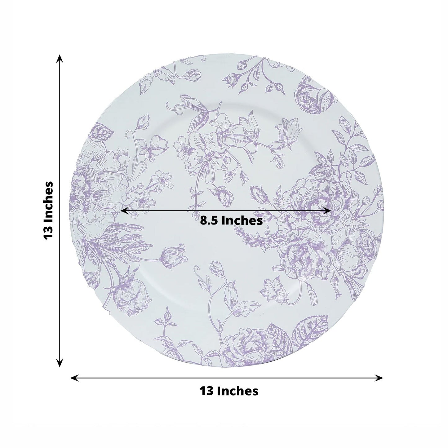 6 Pack Round Floral Acrylic Charger Plates in French Toile Pattern, 13" Matte Lavender and White Dinner Charger Event Tabletop Decor