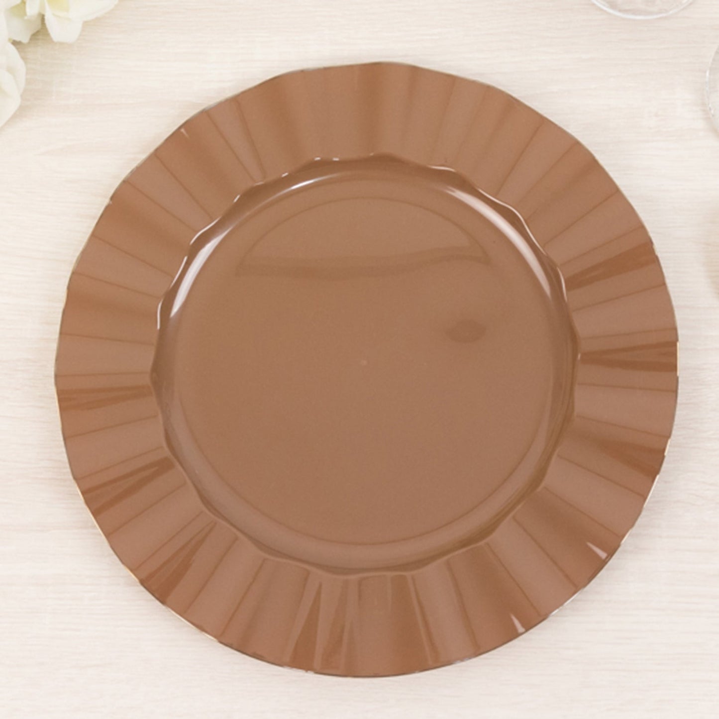 10-Pack Plastic 11" Round Dinner Plates in Coffee Brown Ruffled Rim with Gold Edging - Sturdy Disposable Dinnerware