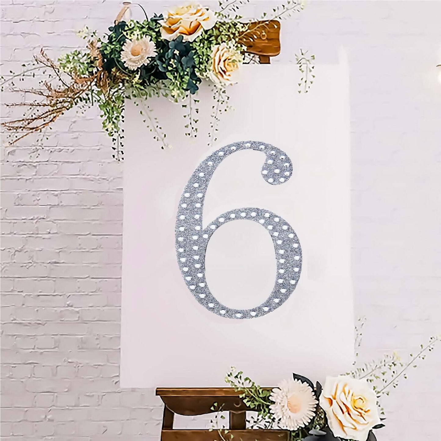 Decorative Rhinestone Number "6" Stickers, Glitter Adhesive Craft Numbers Silver DIY Sparkle Embellishments 8"