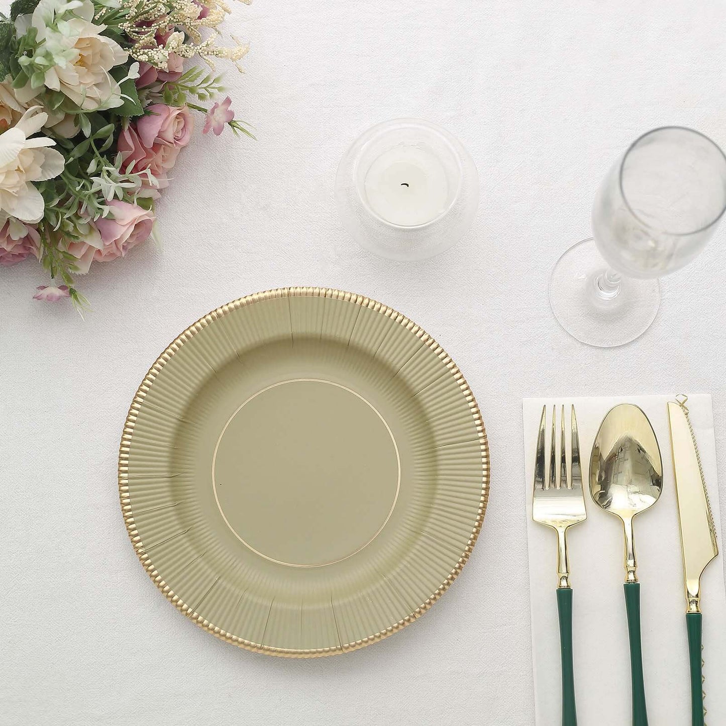 25-Pack Paper 8" Round Dessert Plates in Khaki Sunray Design with Gold Rim - Disposable Heavy Duty 350GSM Appetizer Salad Plates