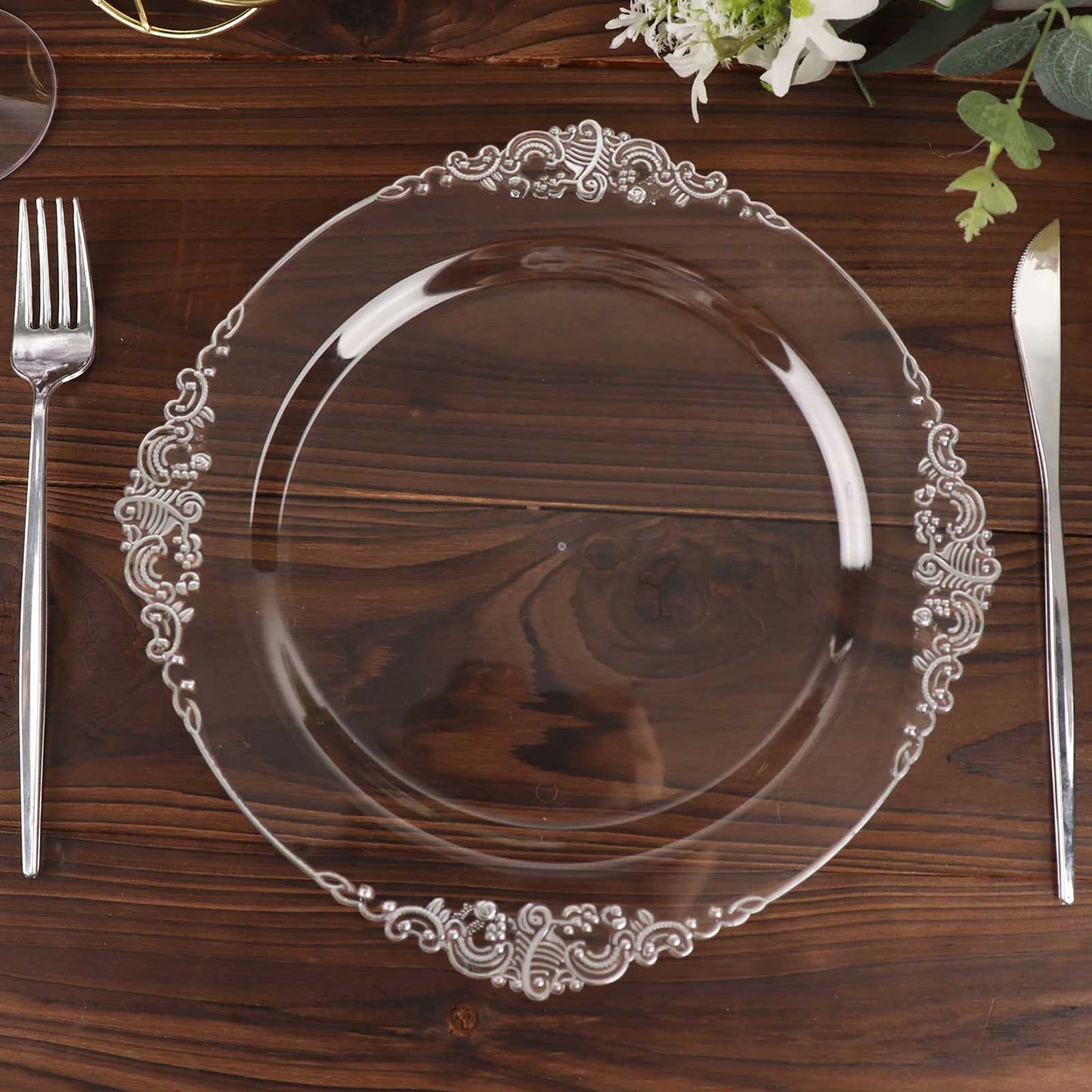 10-Pack Plastic 10" Round Dinner Plates in Clear with Silver Leaf Embossed Rim - Disposable Vintage Baroque Style Plates
