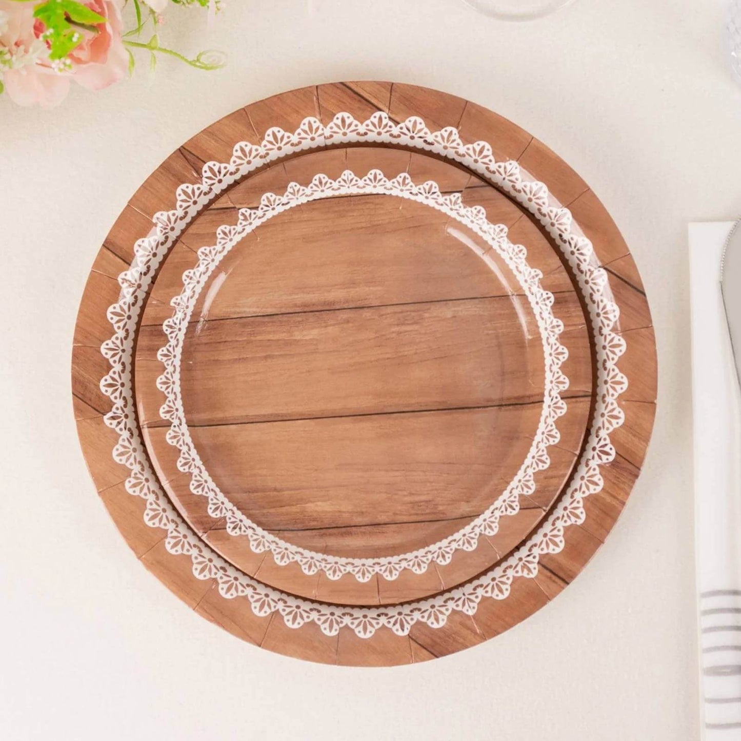 25-Pack Paper 7" Round Dessert Plates in Brown Wood Grain Print with White Floral Lace Rim - Disposable Appetizer Salad Plates for Rustic Farmhouse Style Events
