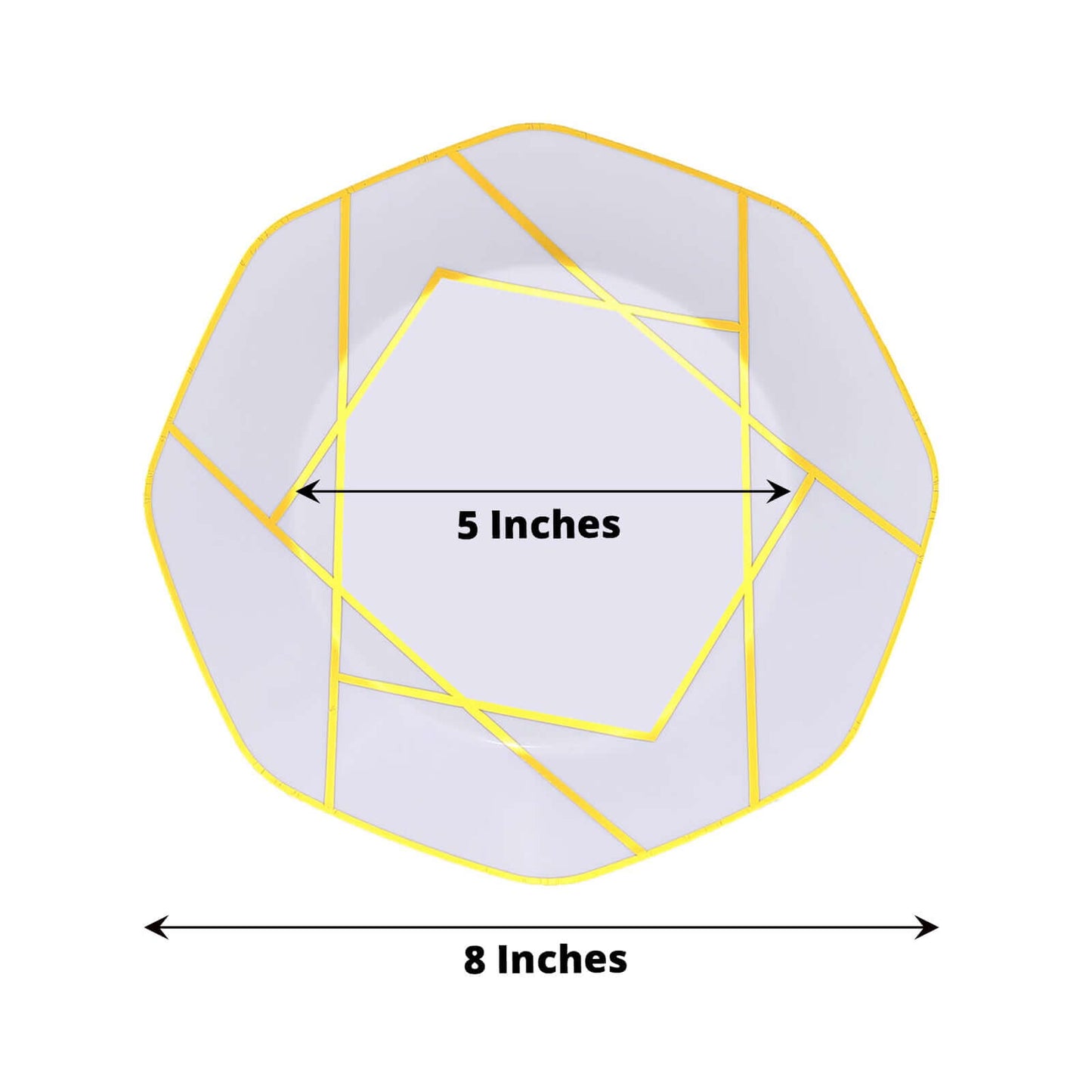 10-Pack Plastic 8" Octagon Dessert Plates in White - Modern Disposable Salad/Appetizer Plates with Gold Geometric Design for Special Occasions & Celebrations