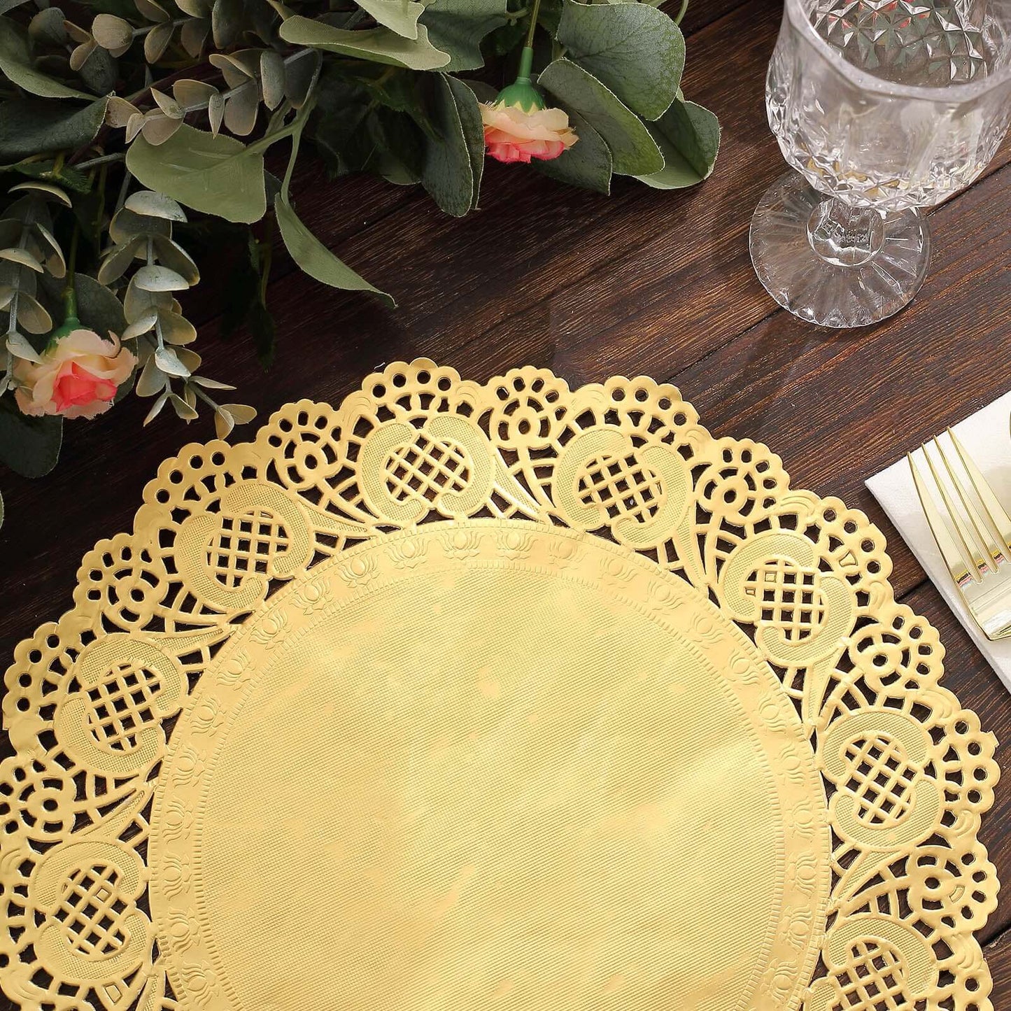 50 Pcs Paper 12" Round Placemats in Gold - Food Grade Lace Paper Doilies for Dessert Display & Table Decor