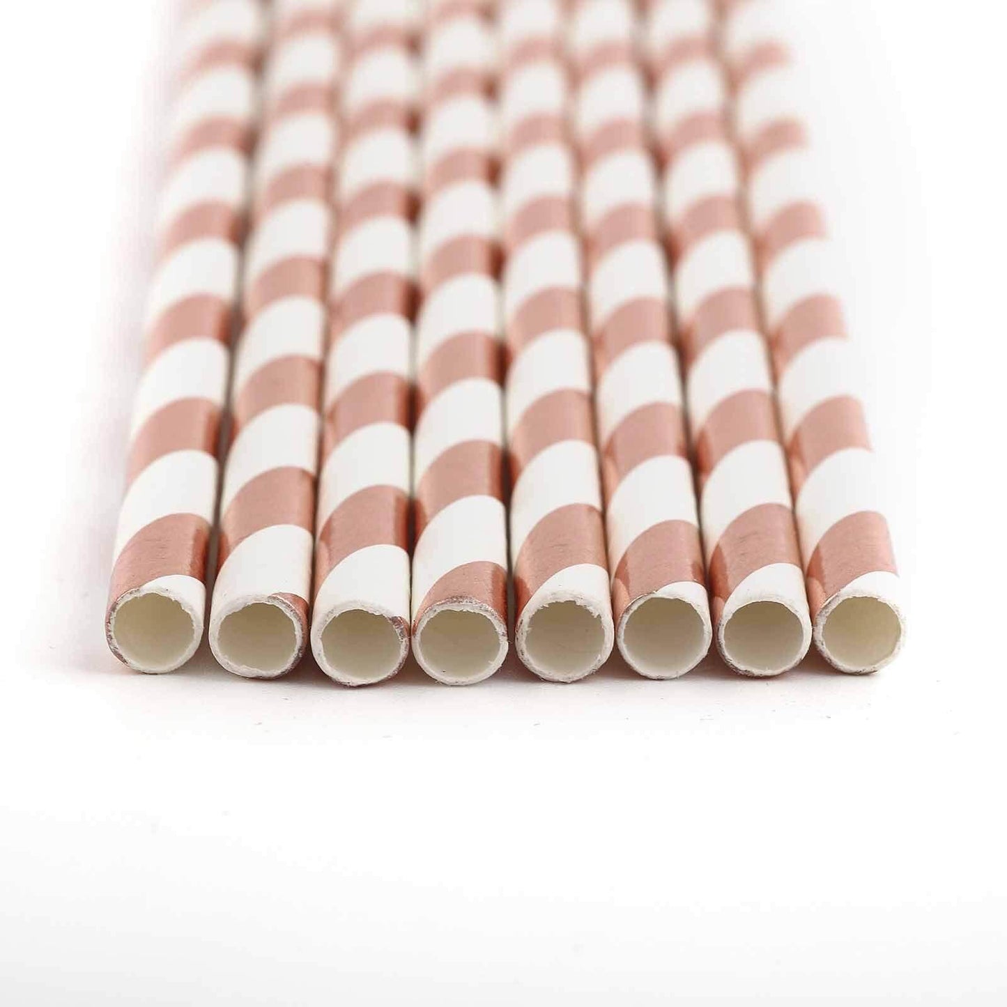 25-Pack Paper Straws White/Rose Gold Striped - Stylish Disposable Straws for Drinks 8"