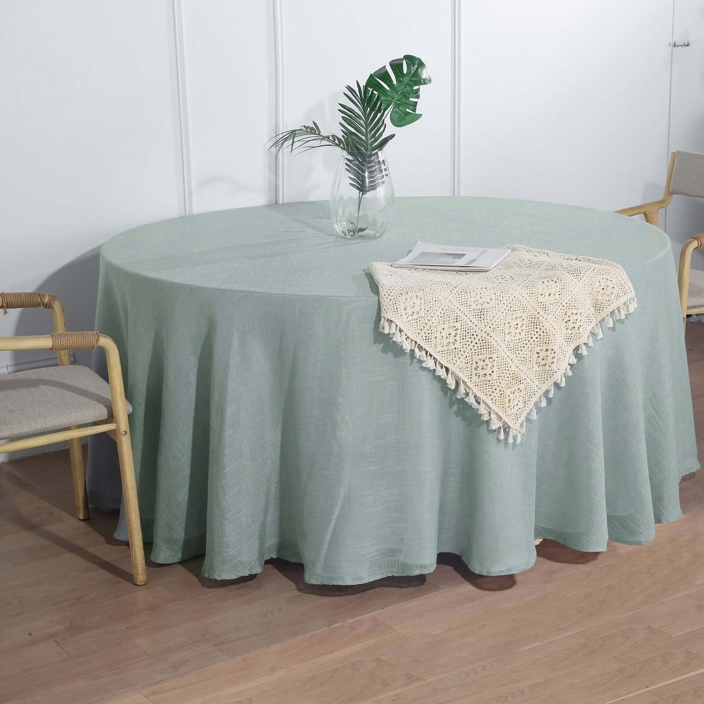 Faux Linen 120" Round Tablecloth Dusty Blue - Slubby Texture Wrinkle-Resistant Seamless Table Cover