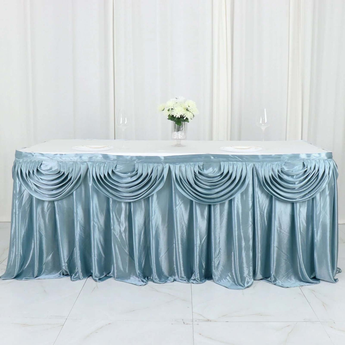 Satin 14ft Table Skirt Dusty Blue - Pleated Double Drape Table Cover