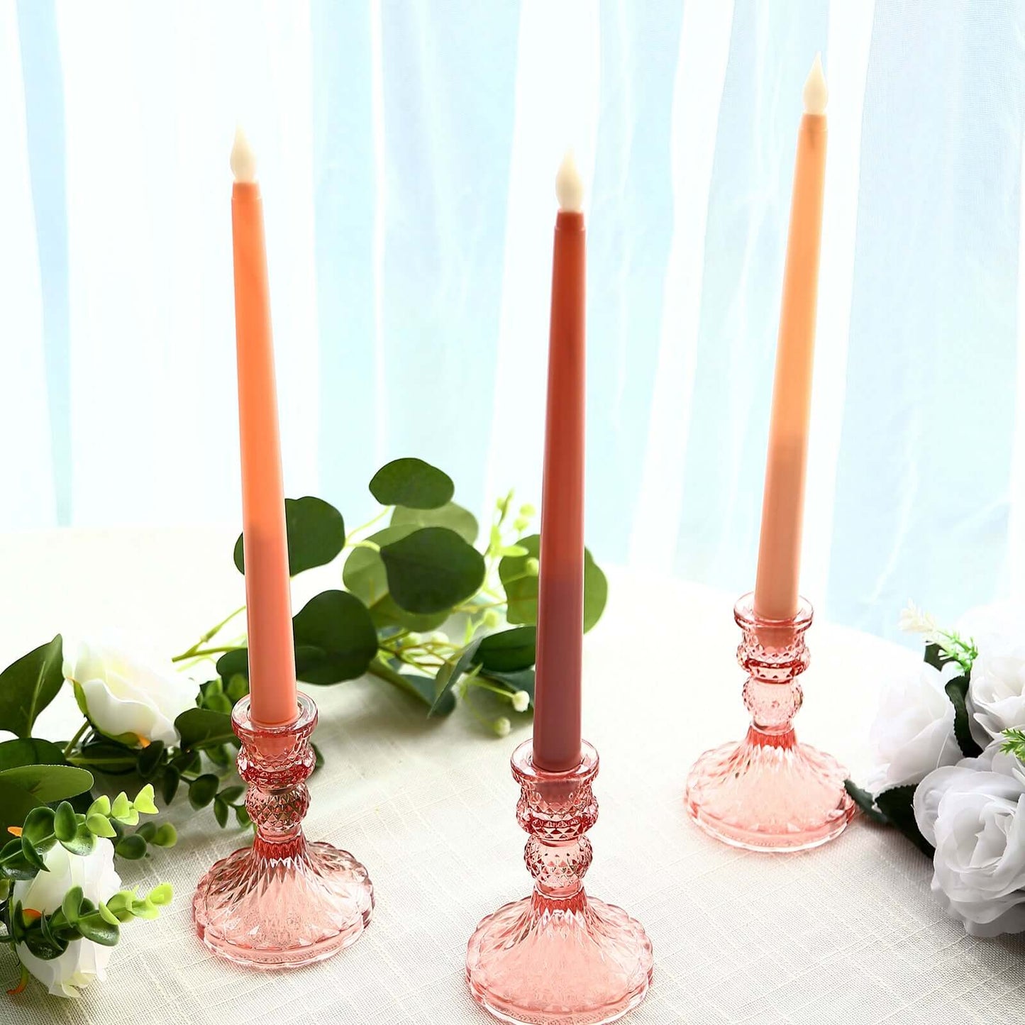 6-Pack Glass Taper Candlestick Holders Diamond Pattern Design Dusty Rose - Reversible Crystal Pillar Votive Stands 4"