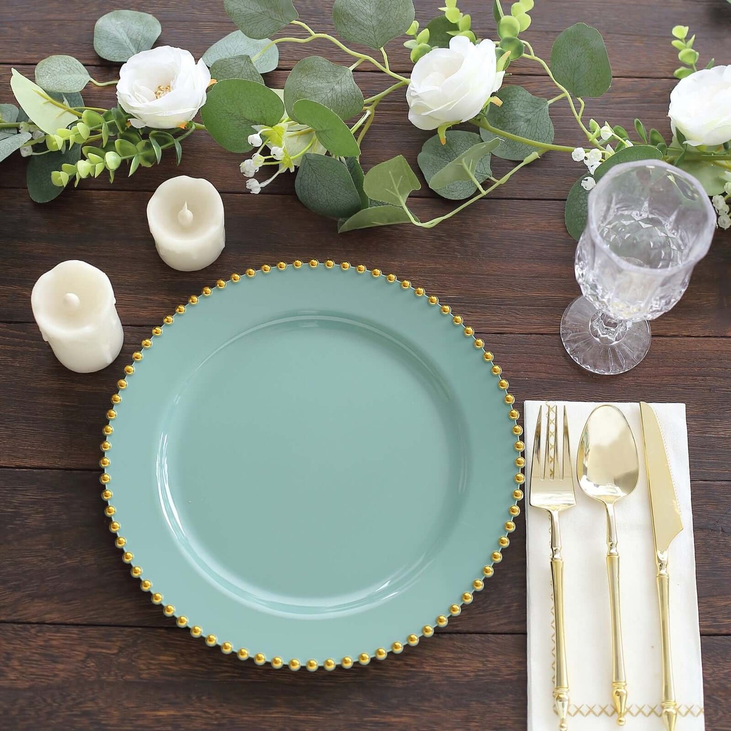 10-Pack Plastic 10" Round Dinner Plates in Dusty Sage Green with Gold Beaded Rim - Disposable Party Plates for Banquets & Festive Occasions