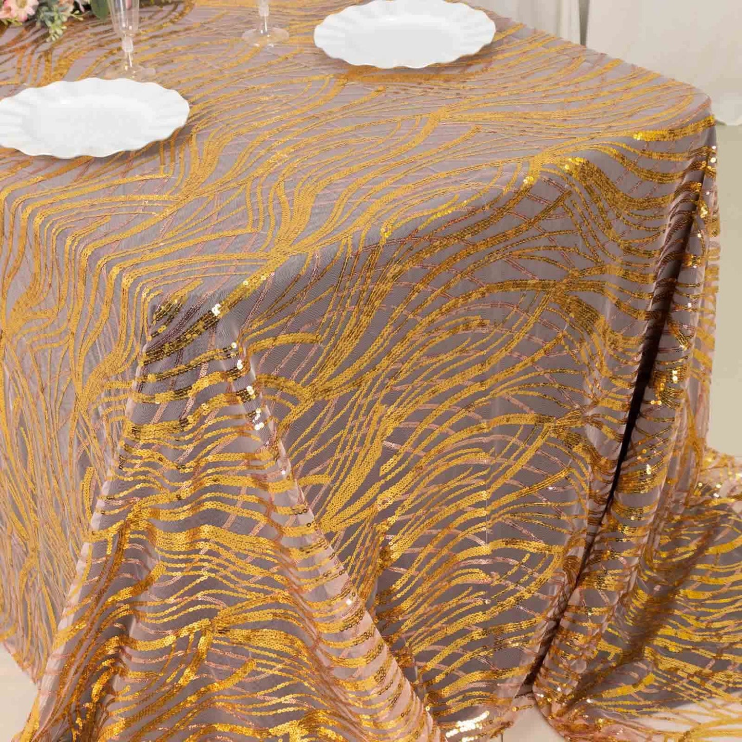 Mesh 90"x156" Rectangle Tablecloth Rose Gold/Gold - Wave Sequin Embroidered Table Cover
