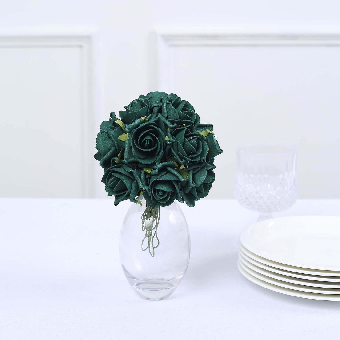 24 Roses 2" Hunter Emerald Green Artificial Foam Flowers With Stem Wire and Leaves