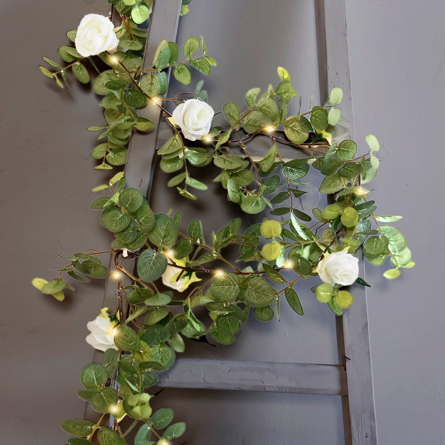 6ft Lighted Eucalyptus Garland with Ivory Roses & Battery-Operated Fairy Lights â€“ Faux Greenery Vine