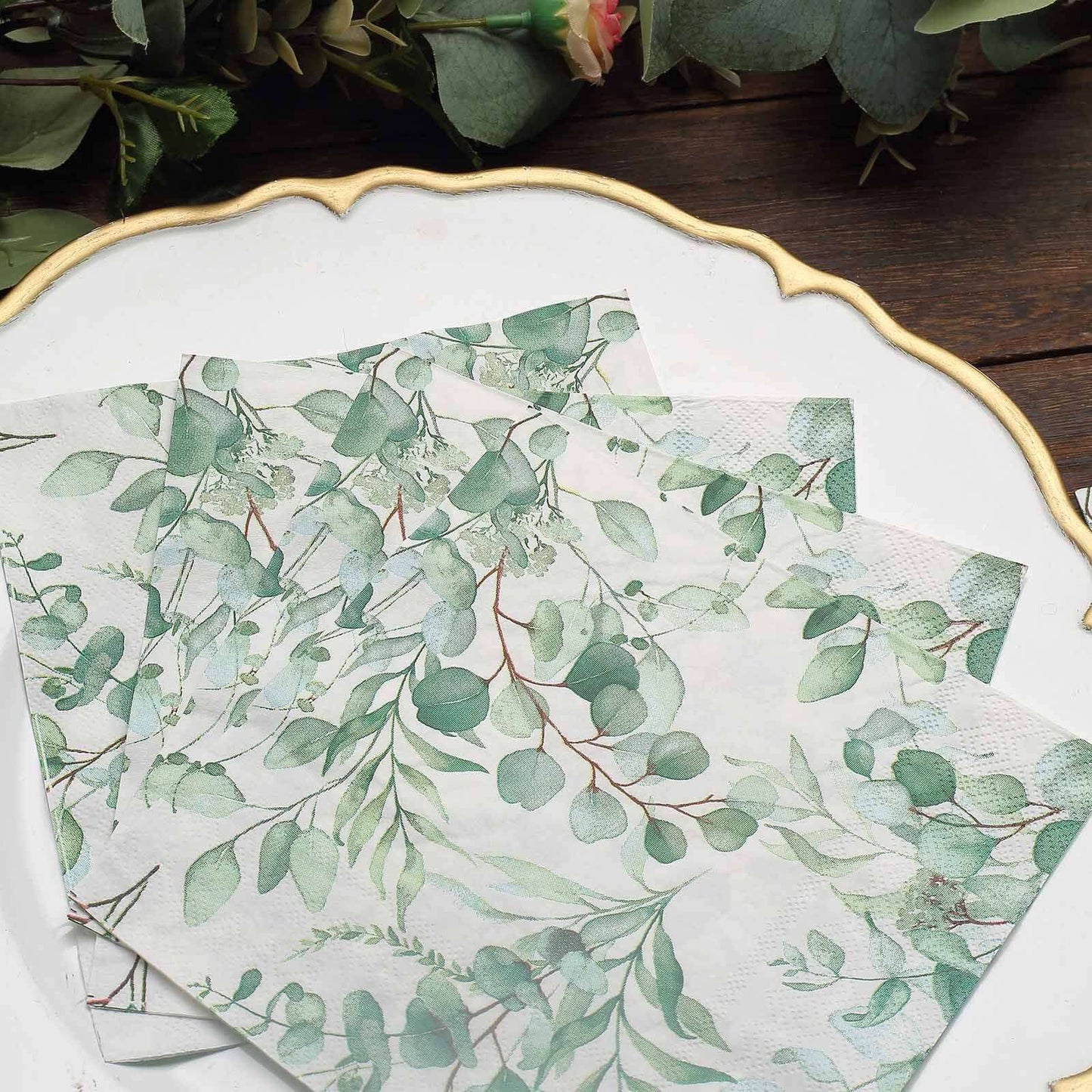 20-Pack Paper Beverage Napkins with Green Foliage Eucalyptus Leaves Design - 2 Ply Soft 18GSM Boho Wedding Napkins 6.5"x6.5"