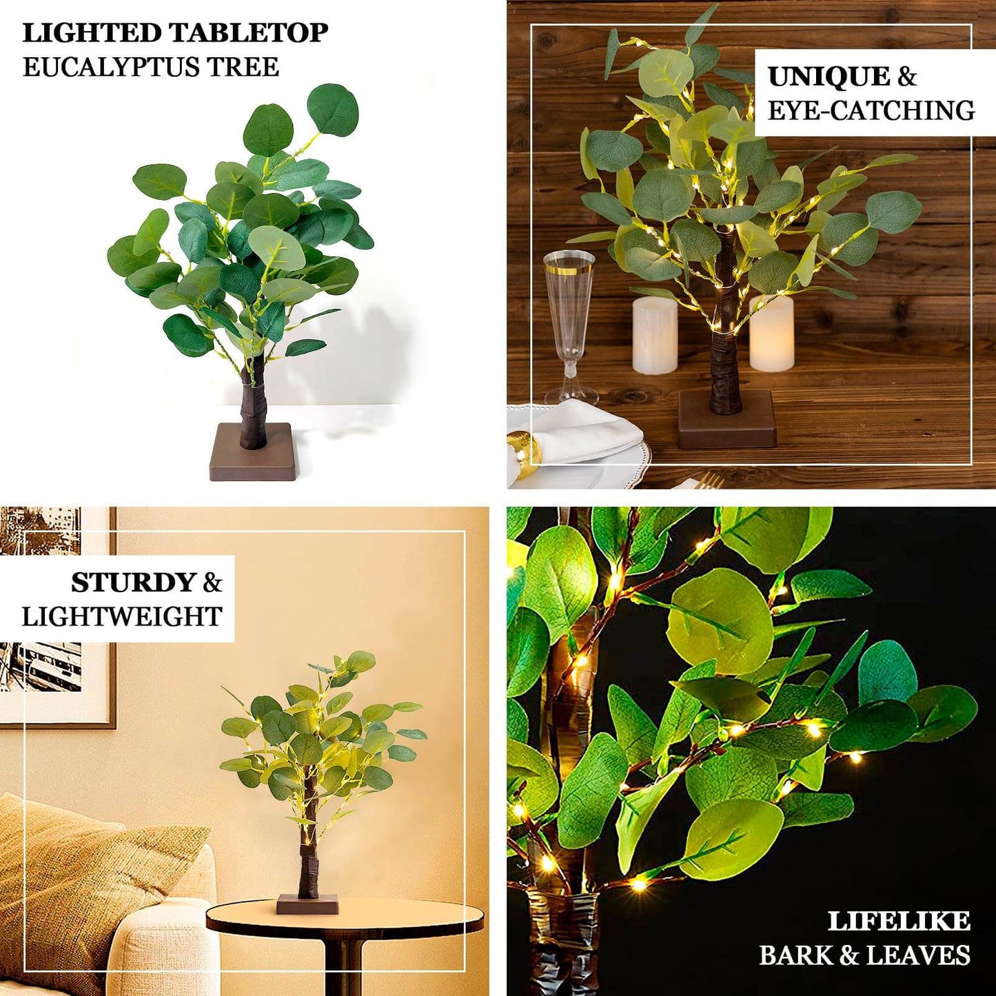 50 LED Lighted Artificial Tree Eucalyptus Plant Design Green Warm White - Battery Operated Table Accent 17"
