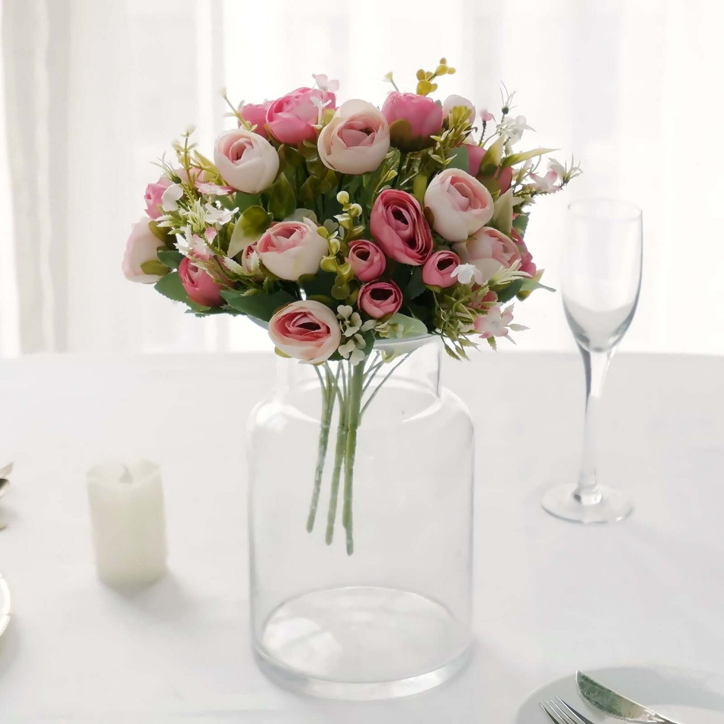 4 Pack 12" Artificial Pink Ranunculus Silk Flower Bridal Bouquets, Faux Buttercup Floral Arrangement