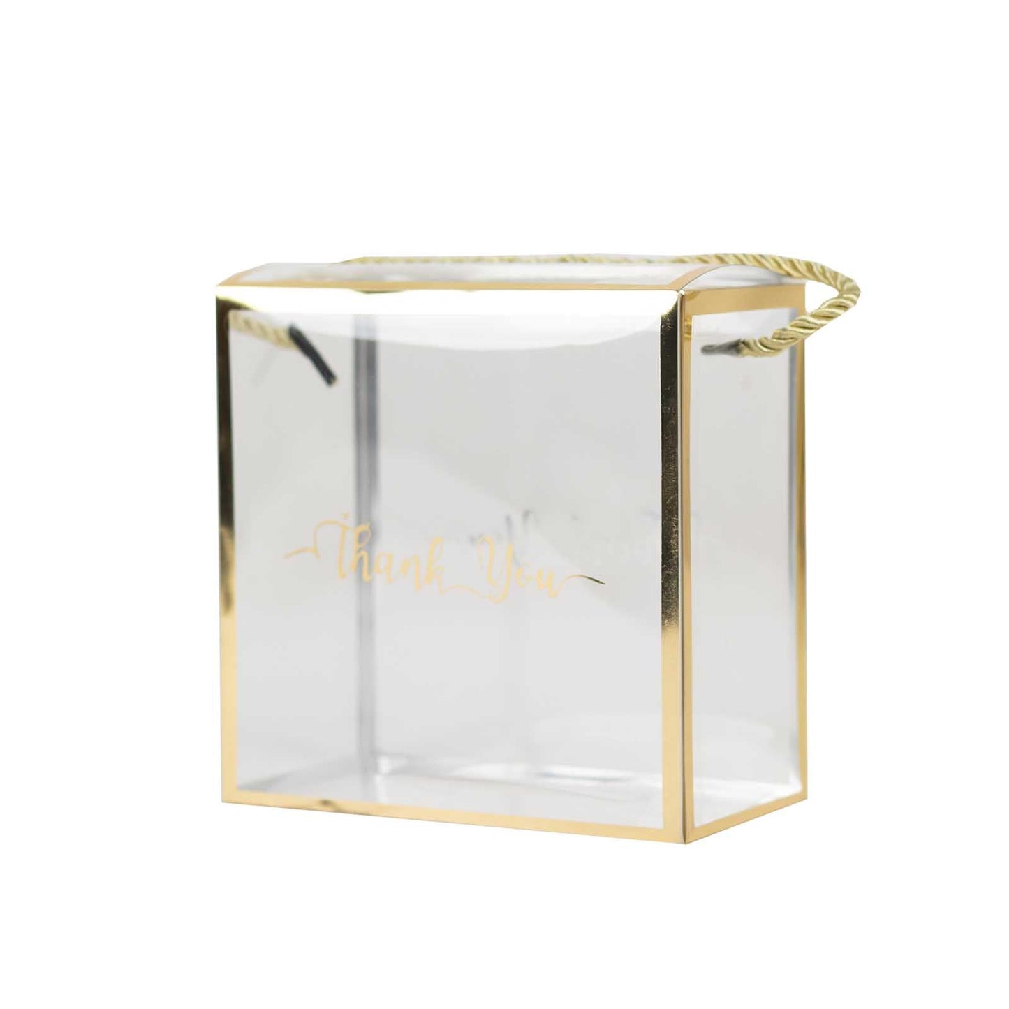 25 Pack Gold Trimmed Clear PVC Gift Boxes with Rope Handles and Thank You Print, Transparent Portable Candy Favor Boxes - 5.5"x5.5"