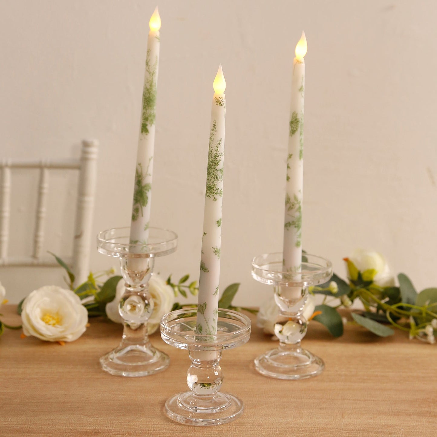 6-Pack 11" Flameless LED Taper Candles, Flickering Battery Operated â€“ White & Sage Green French Toile Pattern