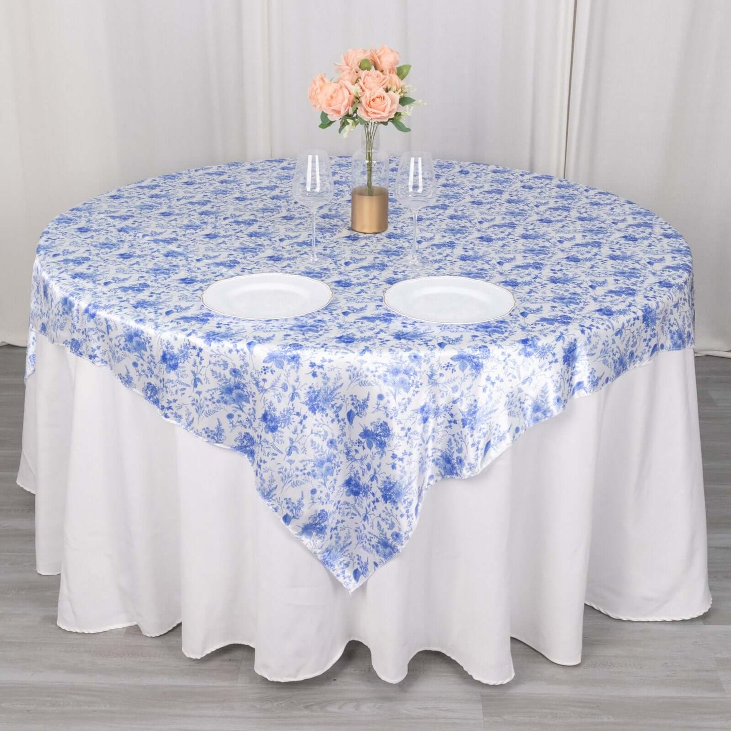 Satin 72"x72" Table Overlay Square Tablecloth White Blue - French Toile Floral Design for Stylish Celebrations