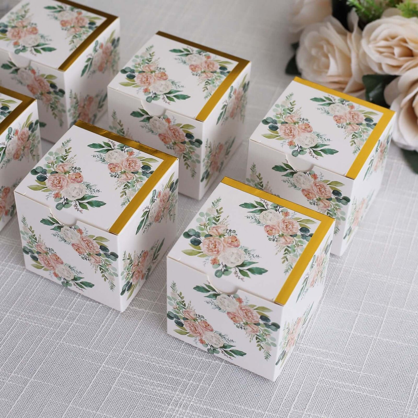 25 Pack White Pink Peony Flowers Print Paper Favor Boxes with Gold Edge, Cardstock Party Shower Candy Gift Boxes - 3"x3"x3"
