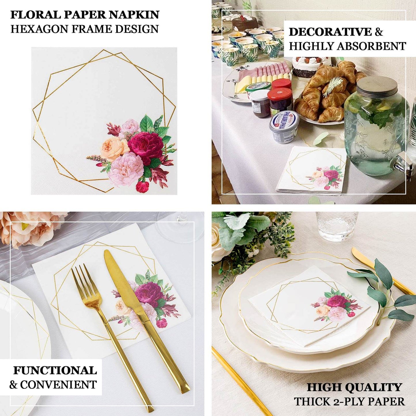20-Pack Paper Napkins White with Gold Hexagon Frame & Floral Print 6.5"