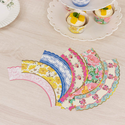 24-Pack Paper Cupcake Wrappers Mixed Floral Vintage Design - Decorative Round Muffin Mini Cake Liners 3"