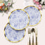 25-Pack Paper Round Dessert Plates 8" in White with Blue French Toile Pattern & Gold Wavy Rim - Disposable 350GSM Salad Plates