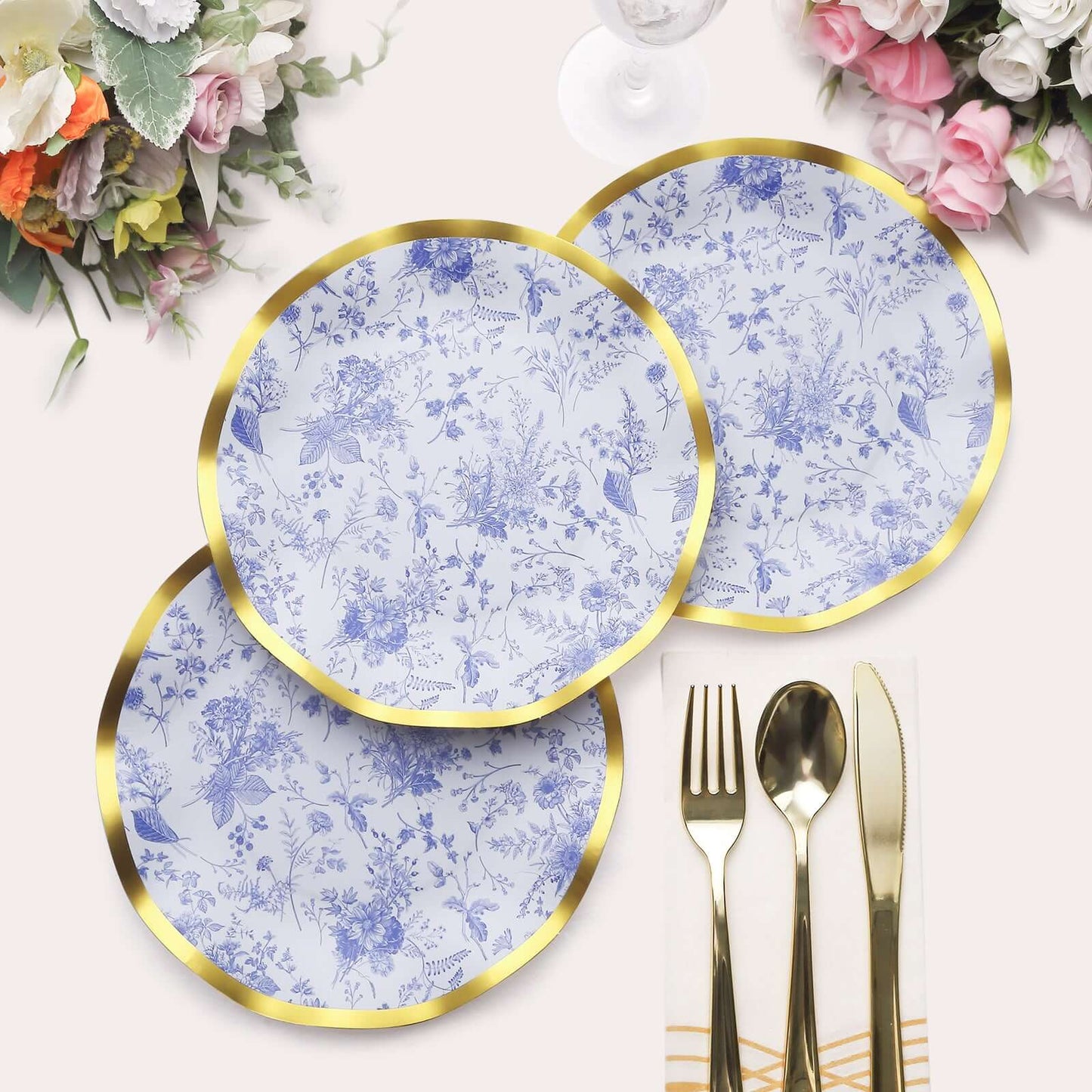 25-Pack Paper Round Dessert Plates 8" in White with Blue French Toile Pattern & Gold Wavy Rim - Disposable 350GSM Salad Plates