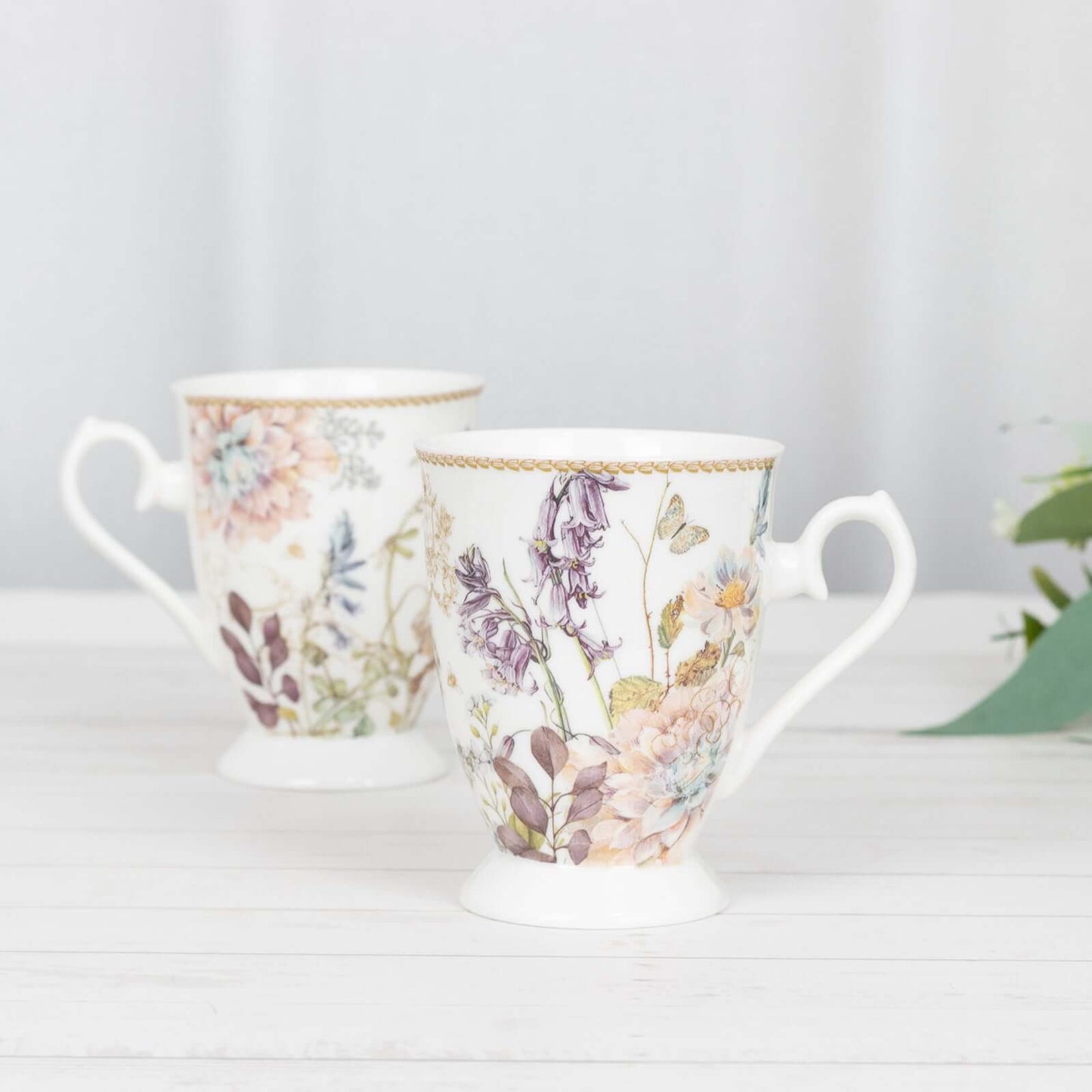 Blush Floral Design Bridal Shower Gift Set, 2 Pack Porcelain Tea Cups With Matching Keepsake Gift Box and Satin Ribbon Handle