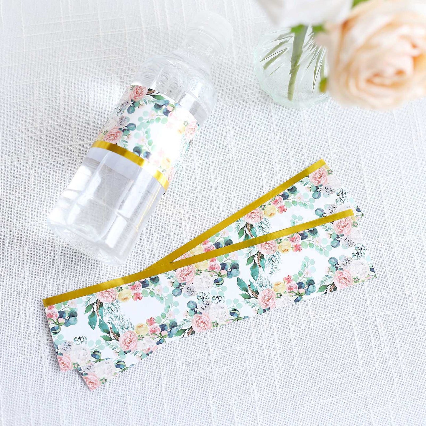 24 Pack White/Pink Water Bottle Labels with Peony Floral Design & Gold Trim, Waterproof Bottle Stickers