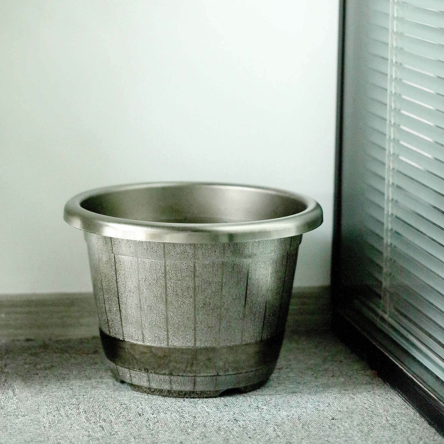 14" Silver Chrome Finished Rim Large Barrel Planter Pot, Indoor Outdoor Decorative Flower Pot