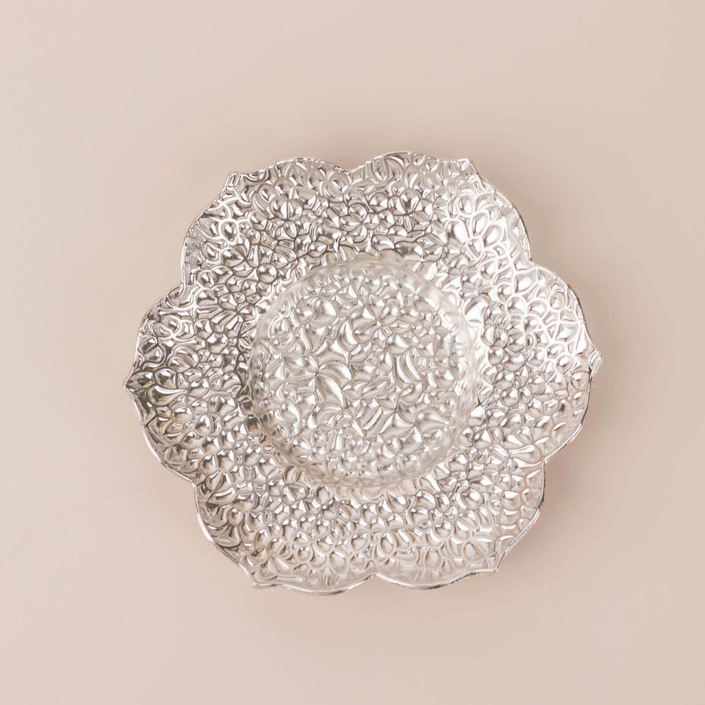 3-Pack Metal Votive Candle Holders Plum Blossom Design Shiny Silver - Vintage Mini Tea Cup Saucers 4"