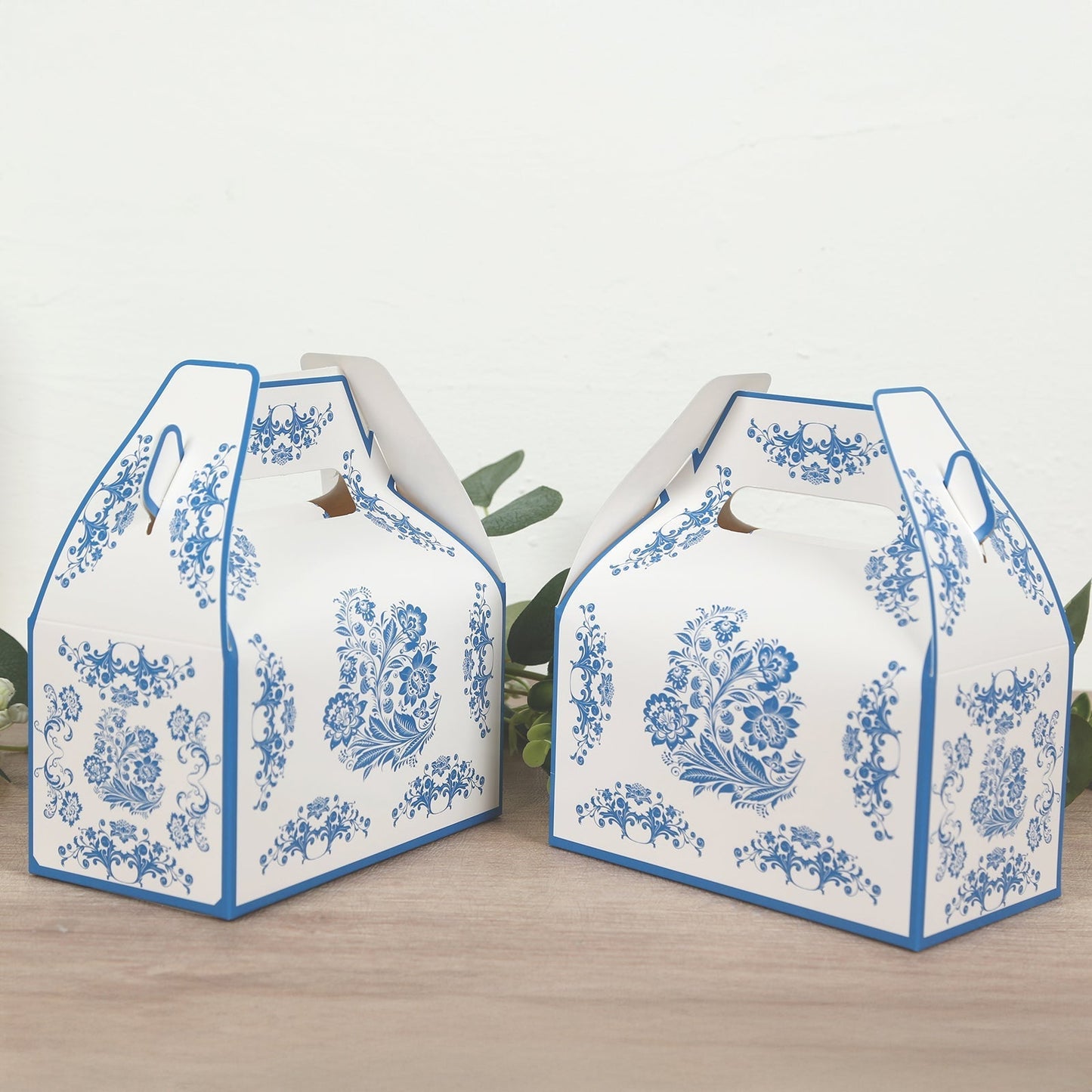 25 Pack Candy Gift Tote Gable Boxes in White Royal Blue Damask Floral Pattern, Party Favor Treat Boxes - 6"x3.5"x7"