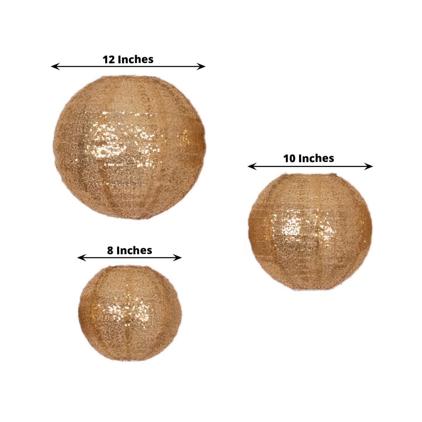 Set of 3 Glitter Gold Sequin Fabric Hanging Lanterns, Decorative Round Foldable Chinese Lantern Lampshades - 8",10",12"