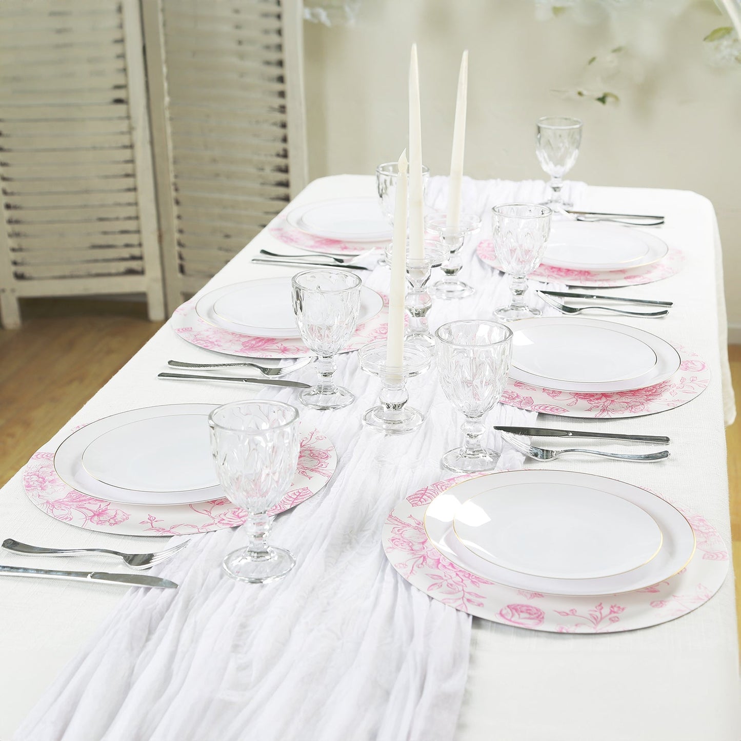 10-Pack Disposable Table Placemats in French Toile Print 13" in White/Matte Pink - Chic Floral Cardboard Placemats for Stylish Table Setting